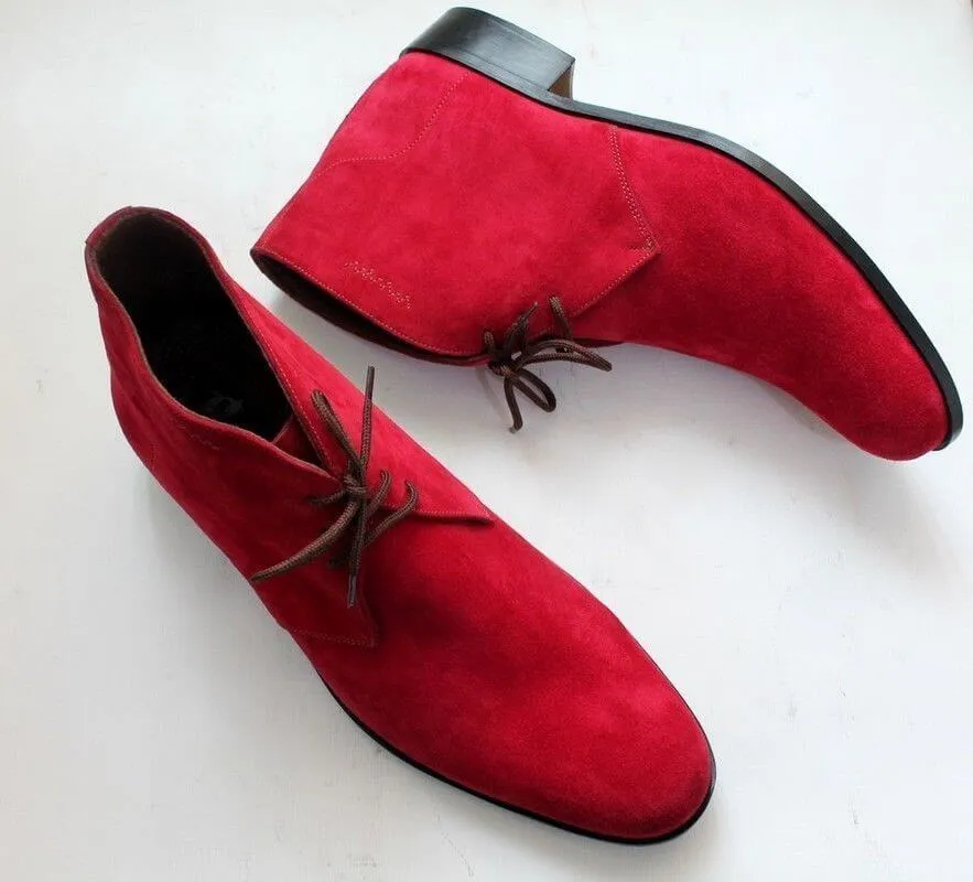 Men's Handcrafted Red Suede Leather Stylish Party Wear Chukka Lace up Boots