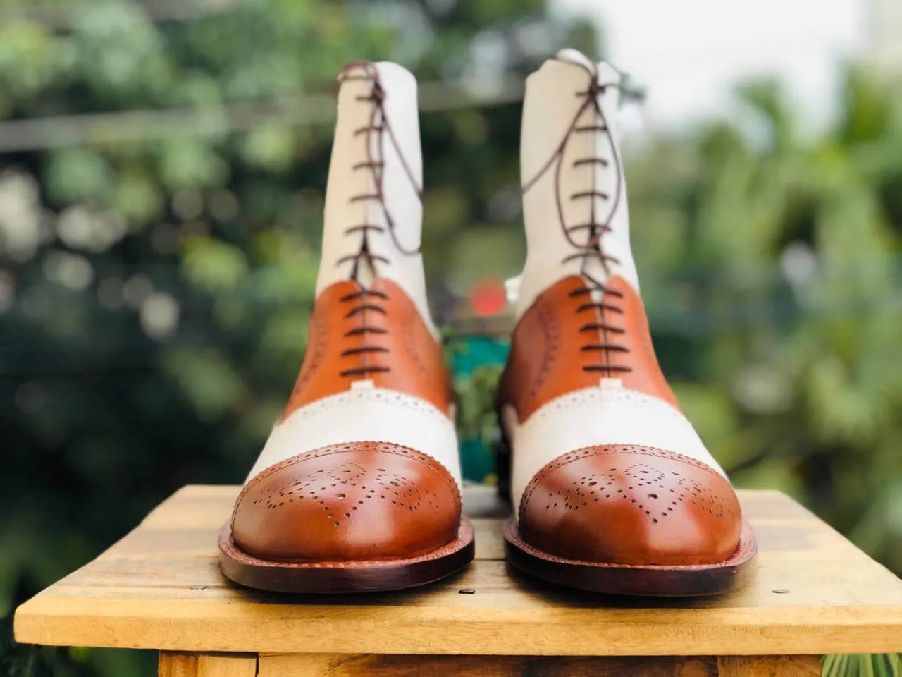 Men's Handmade Tan & White Boots, Men's Lace Up Wing Tip Brogue Leather Boots