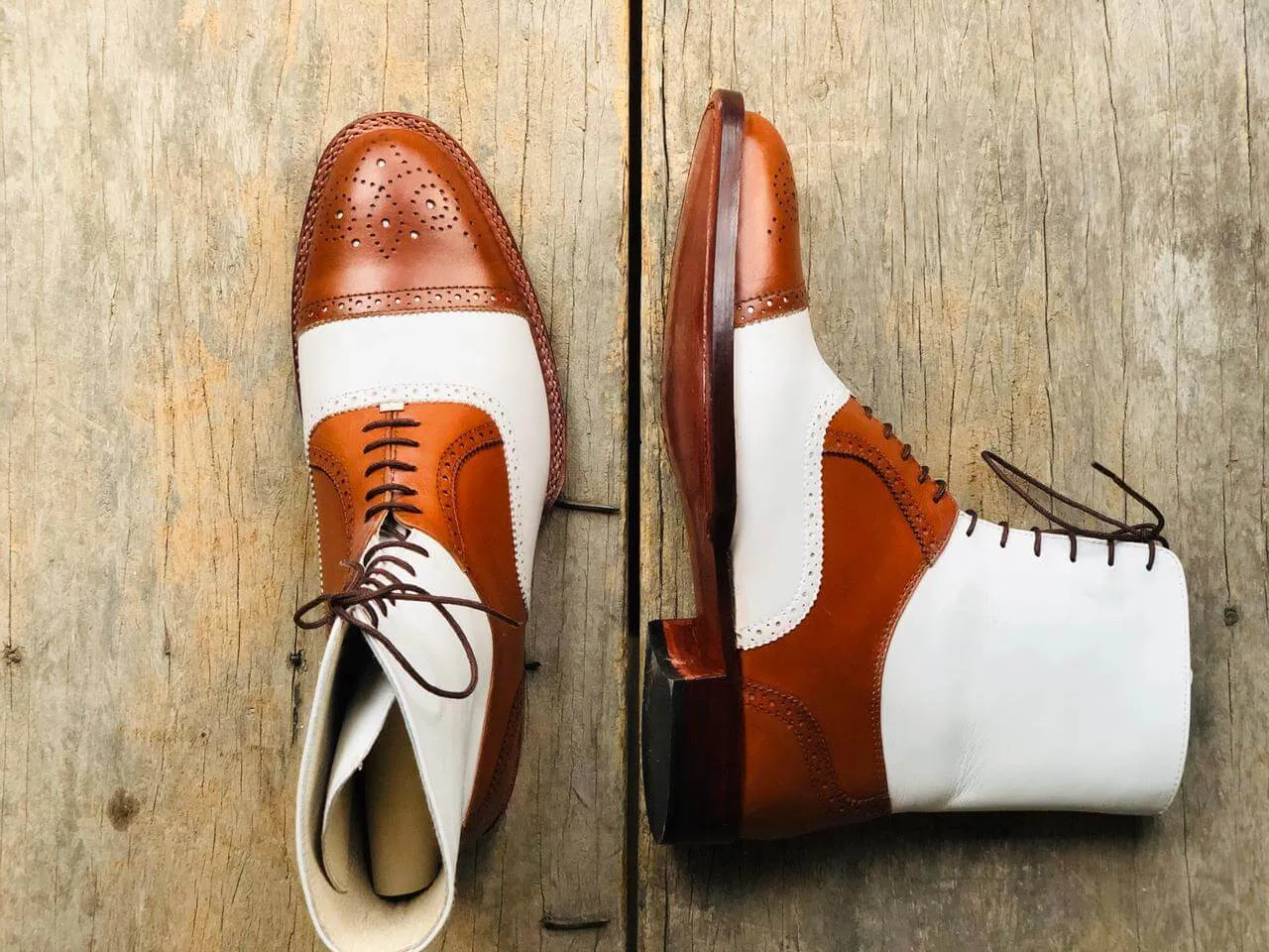 Men's Handmade Tan & White Boots, Men's Lace Up Wing Tip Brogue Leather Boots