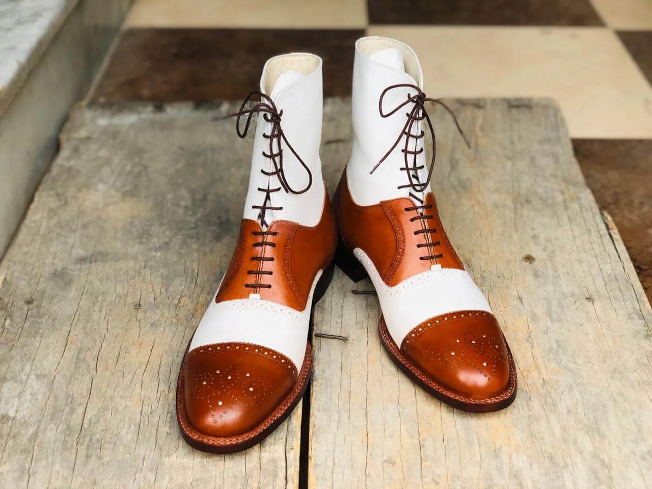 Men's Handmade Tan & White Boots, Men's Lace Up Wing Tip Brogue Leather Boots