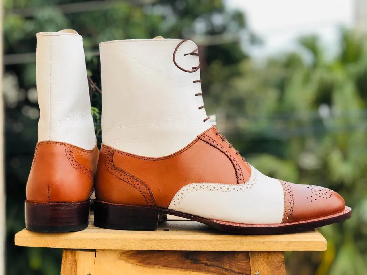 Men's Handmade Tan & White Boots, Men's Lace Up Wing Tip Brogue Leather Boots