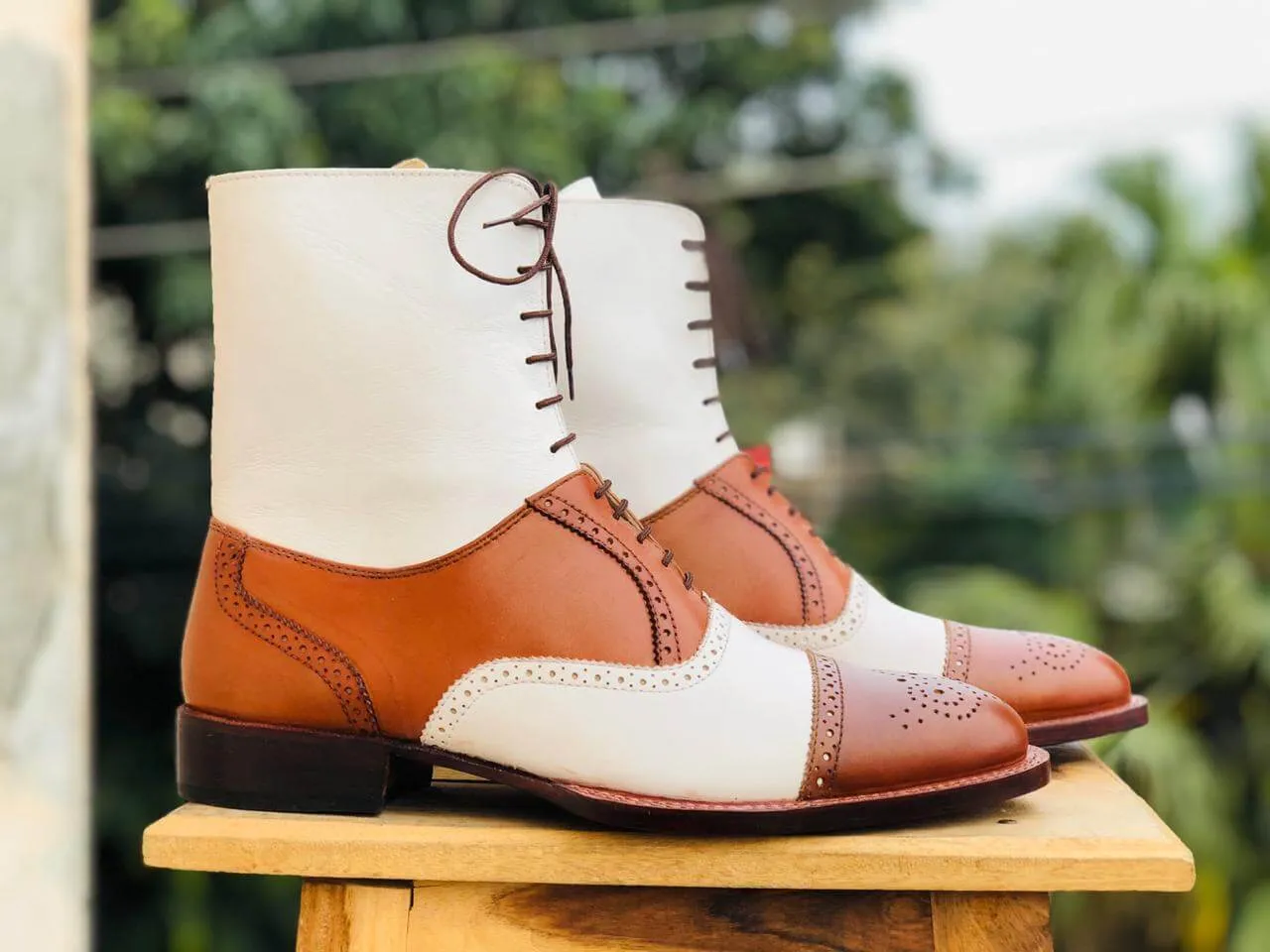 Men's Handmade Tan & White Boots, Men's Lace Up Wing Tip Brogue Leather Boots