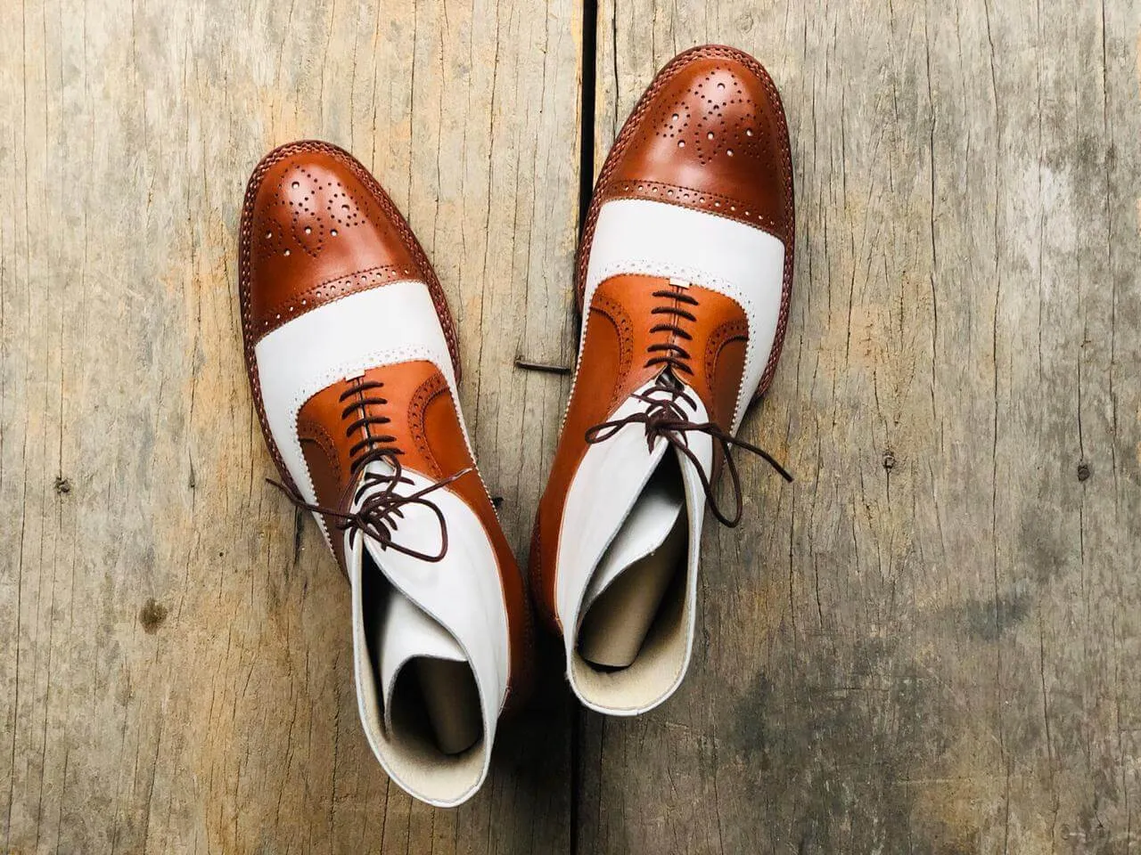 Men's Handmade Tan & White Boots, Men's Lace Up Wing Tip Brogue Leather Boots