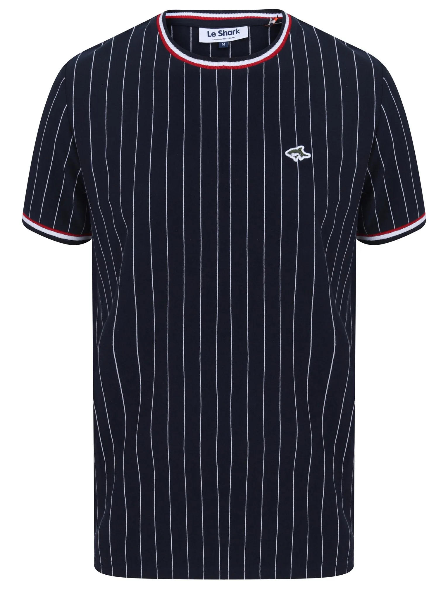 Montague Pinstripe Cotton Jersey T-Shirt with Ribbed Tipping in Sky Captain Navy - Le Shark