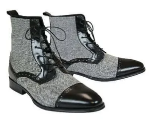 New Handmade Men's Leather & Tweed Boots, Black and Gray ankle lace up boots For Men