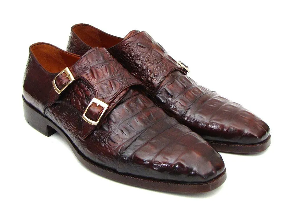 Paul Parkman Crocodile Embossed Monkstraps - Brown/Bordeaux