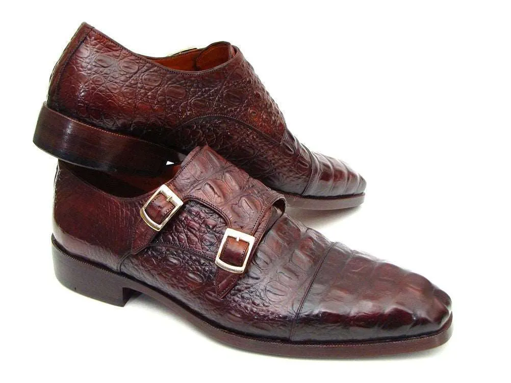 Paul Parkman Crocodile Embossed Monkstraps - Brown/Bordeaux