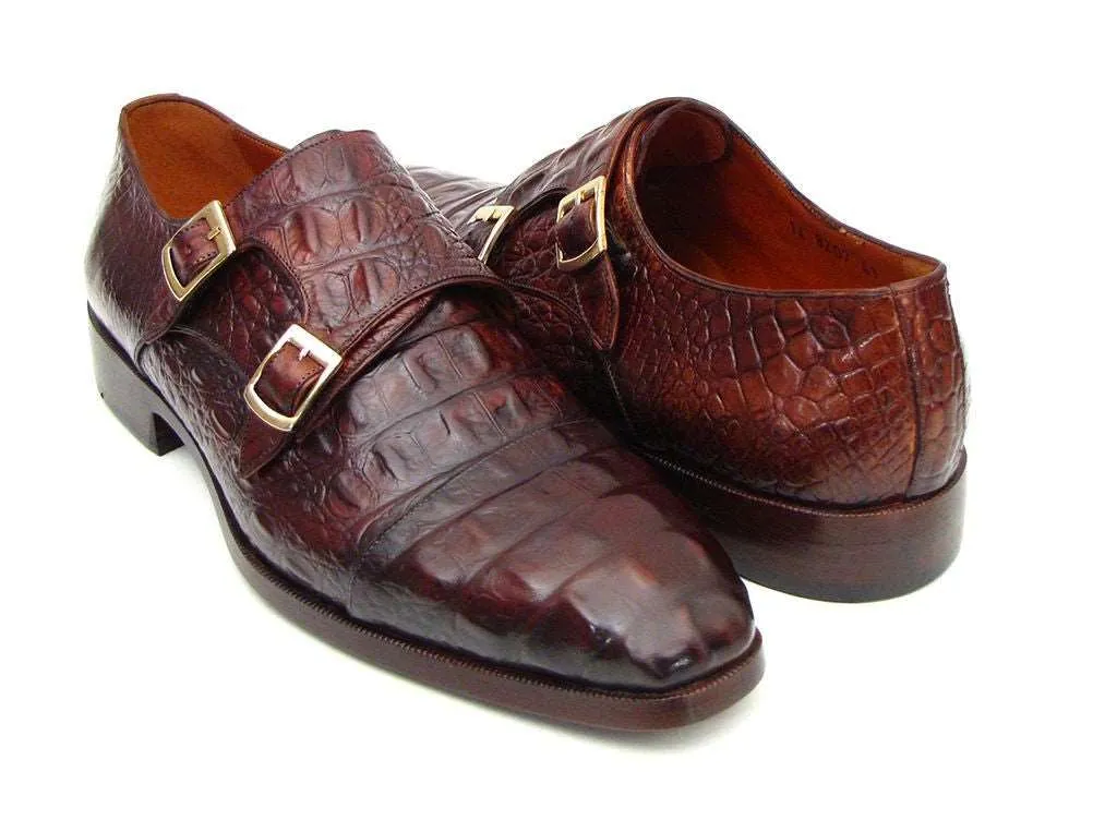 Paul Parkman Crocodile Embossed Monkstraps - Brown/Bordeaux