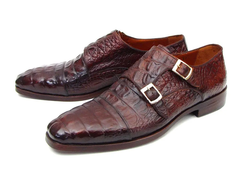 Paul Parkman Crocodile Embossed Monkstraps - Brown/Bordeaux