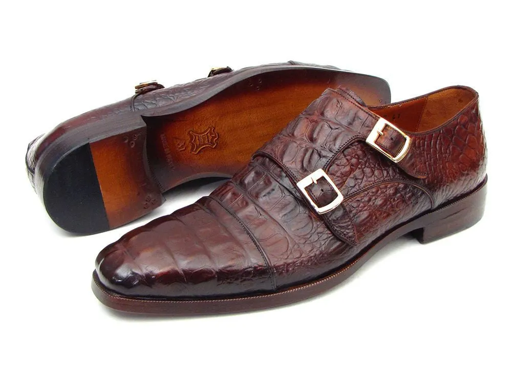 Paul Parkman Crocodile Embossed Monkstraps - Brown/Bordeaux