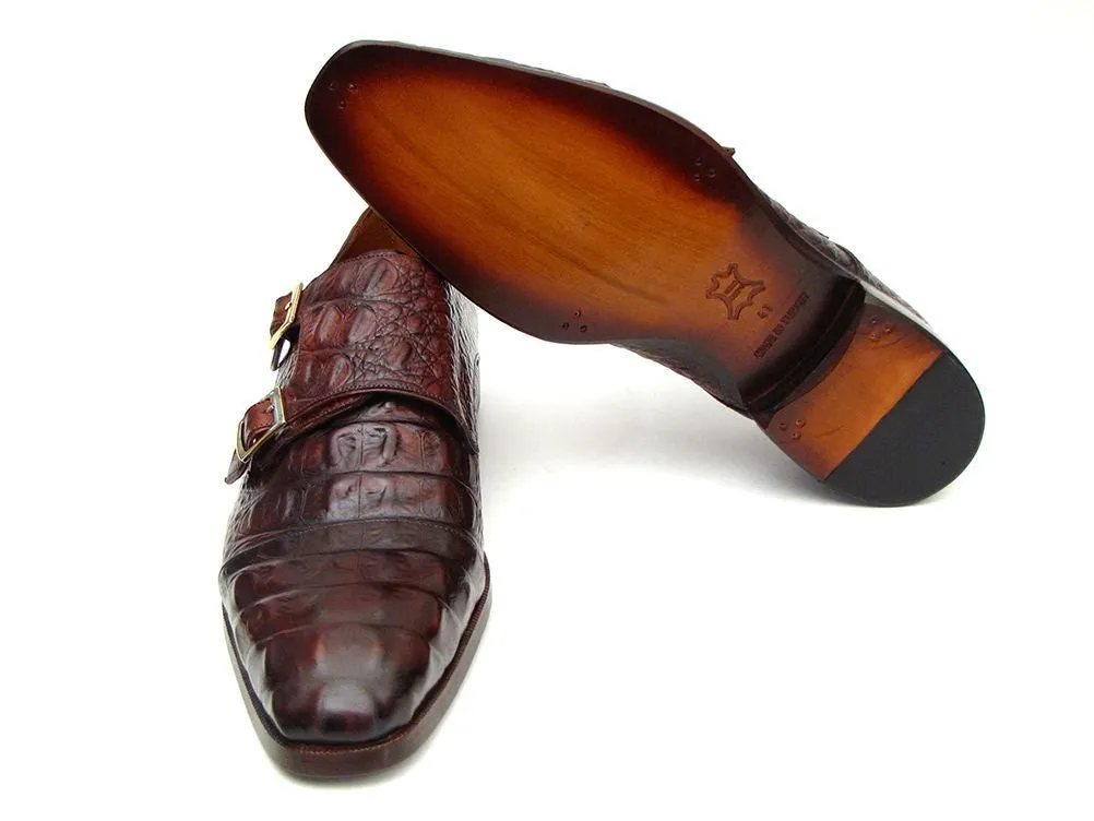 Paul Parkman Crocodile Embossed Monkstraps - Brown/Bordeaux