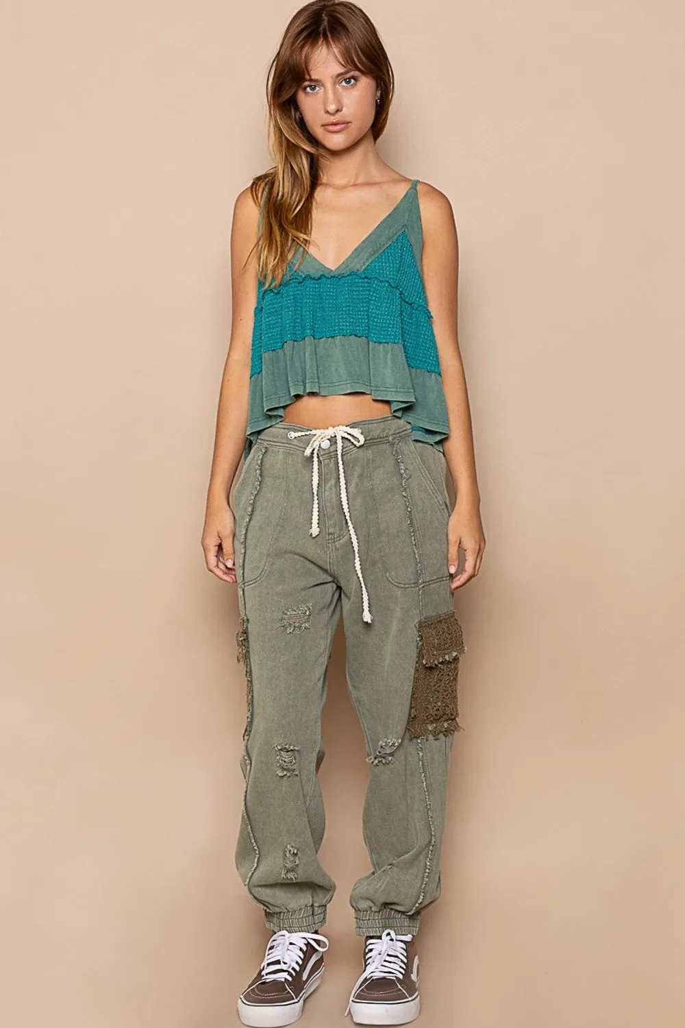 POL Distressed Cargo Denim Jogger with Crochet Pockets