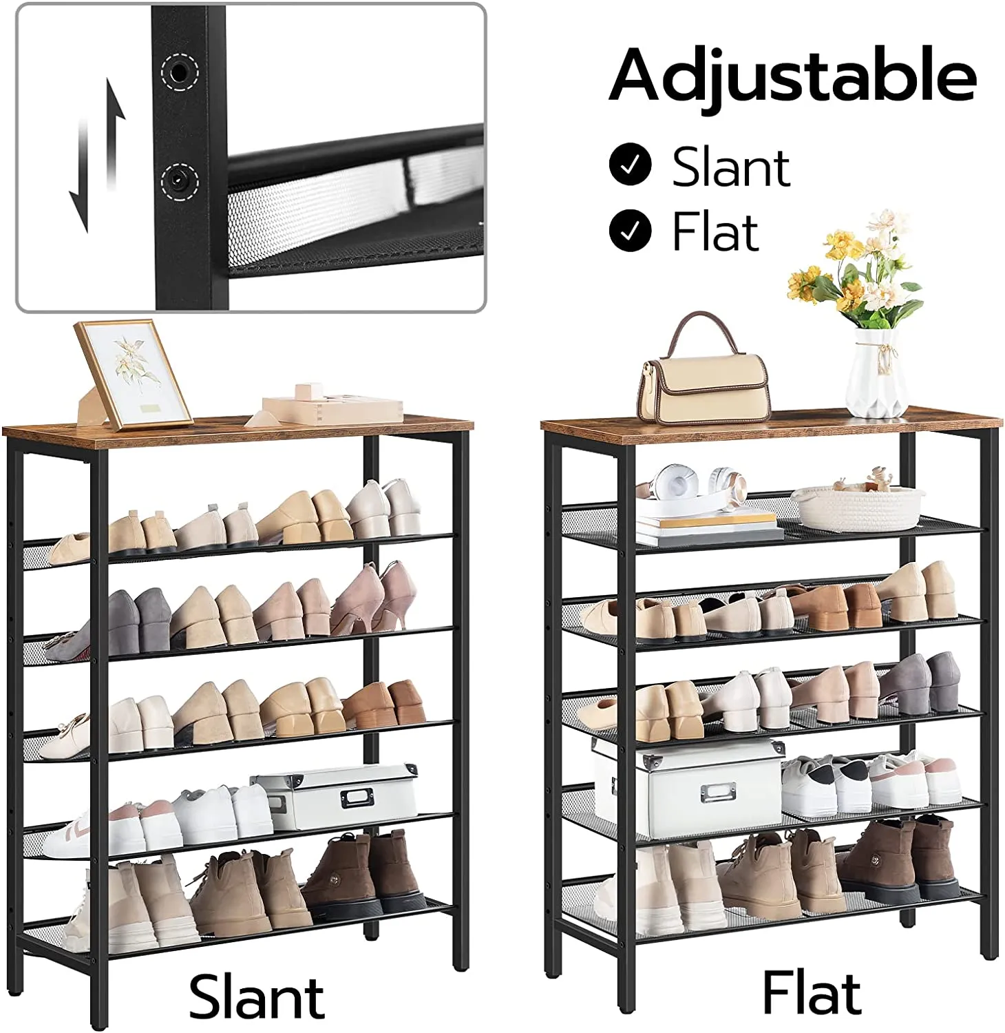 Shoe Rack, 6 Tier Shoe Storage, Flat and Slant Adjustable Shoe Organizer, Large Capacity