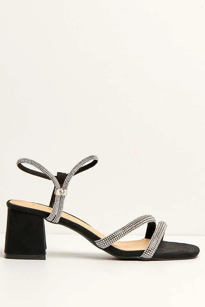 Silas Diamante Embellished Wide Fit Block Heel Sandals in Black