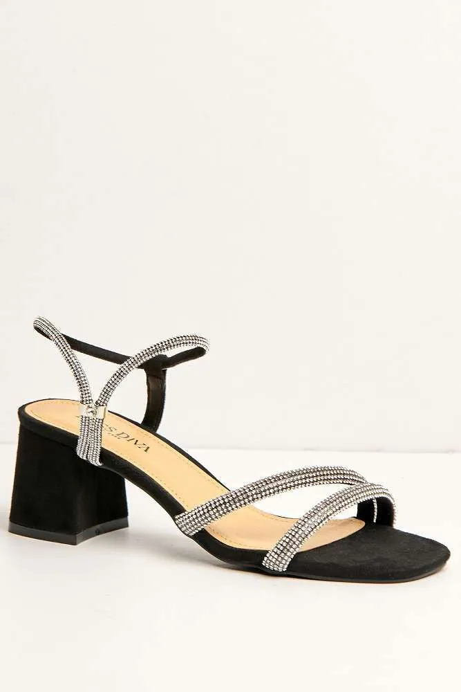 Silas Diamante Embellished Wide Fit Block Heel Sandals in Black