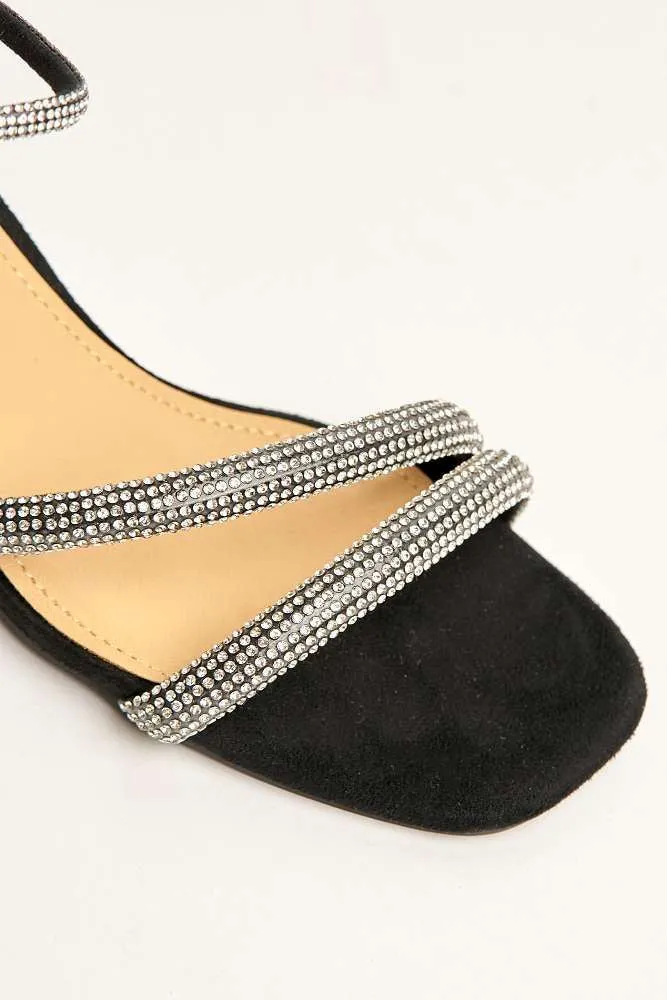 Silas Diamante Embellished Wide Fit Block Heel Sandals in Black