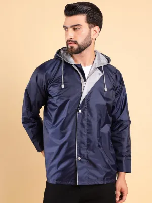 Style Quotient Men Reversible Solid Navy Nylon Rain Jacket