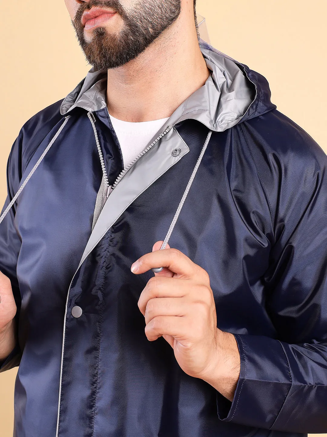 Style Quotient Men Reversible Solid Navy Nylon Rain Jacket