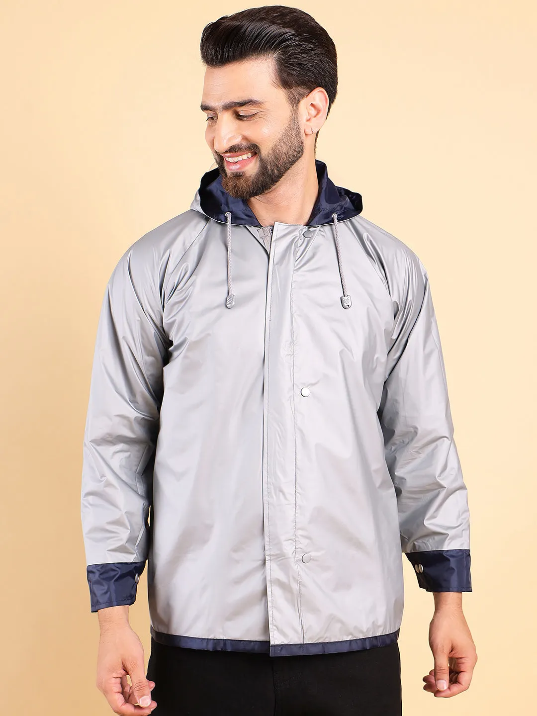 Style Quotient Men Reversible Solid Navy Nylon Rain Jacket