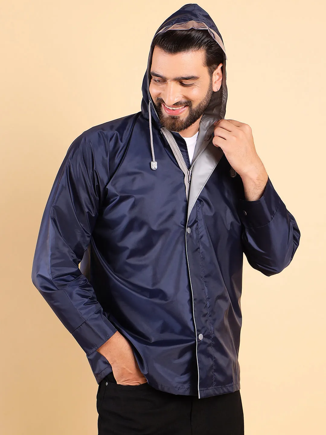 Style Quotient Men Reversible Solid Navy Nylon Rain Jacket