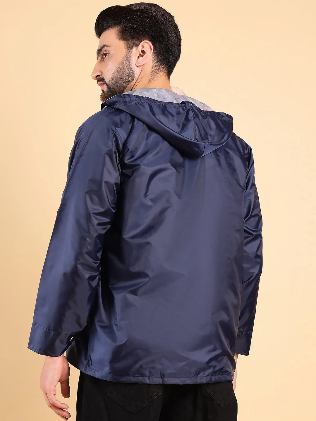 Style Quotient Men Reversible Solid Navy Nylon Rain Jacket