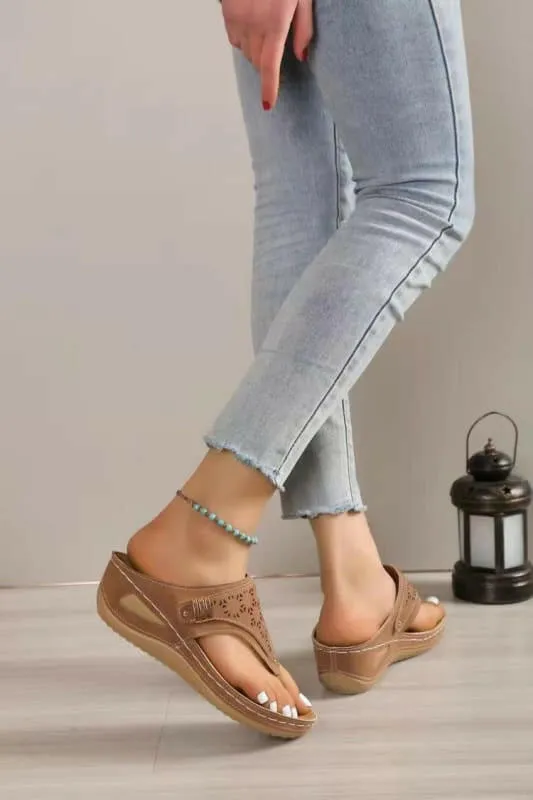 Tan Leather Platform Wedge Sandals in Roman Style with Floral Cutouts