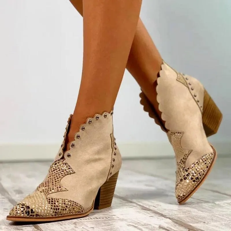 V-Cut pointed toe booties block heel ankle boots