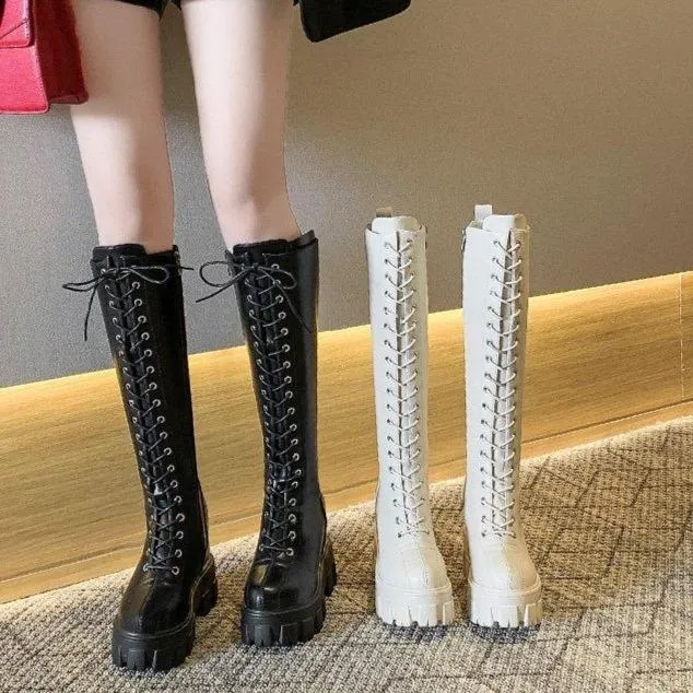 Women's knee high thick platform zipper combat boots for fall/winter