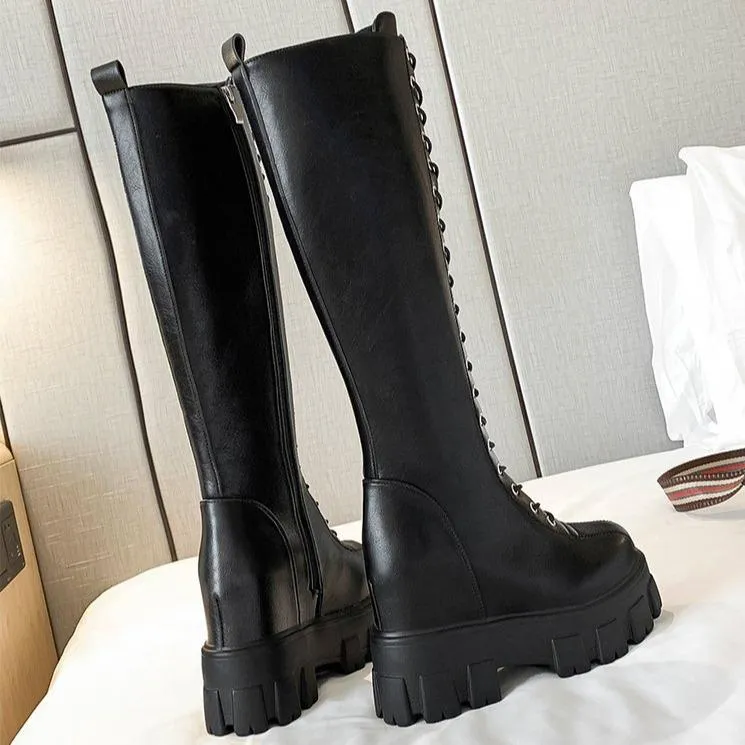 Women's knee high thick platform zipper combat boots for fall/winter