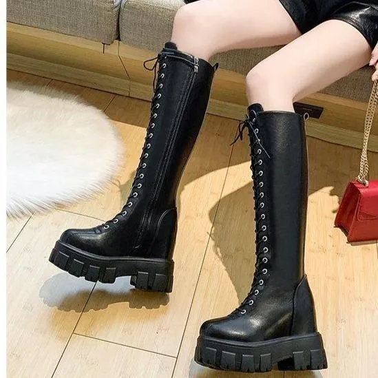 Women's knee high thick platform zipper combat boots for fall/winter