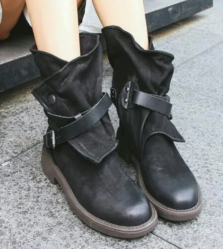 Women's motorcycle boots retro did calf buckle strap boots for women