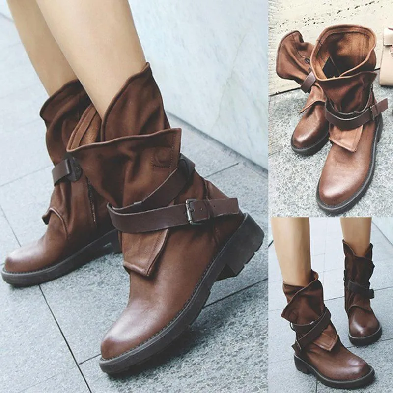 Women's motorcycle boots retro did calf buckle strap boots for women