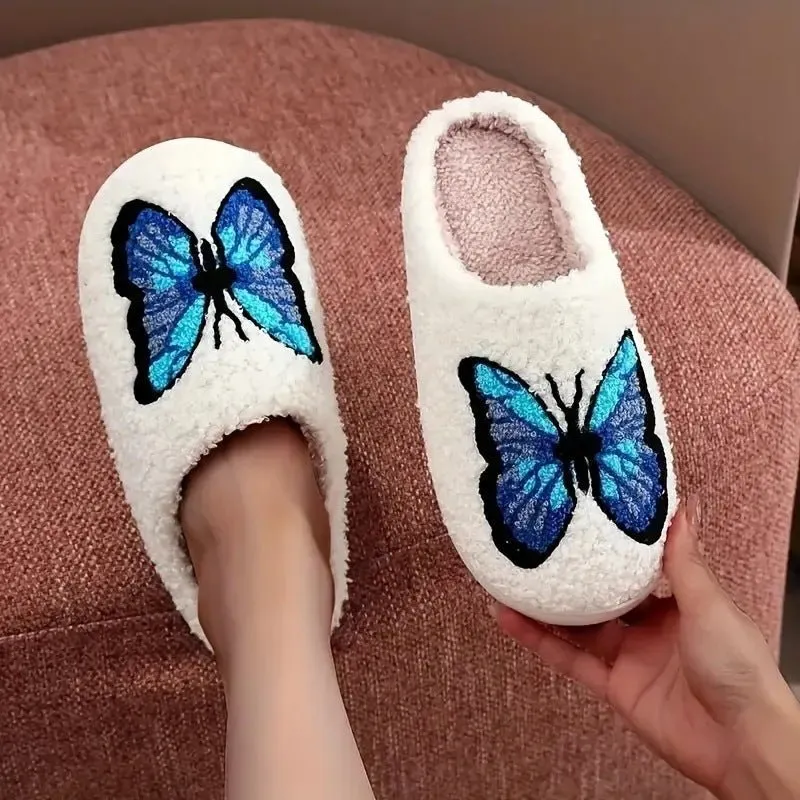 Women's Soft Warm Indoor Home Cotton Slippers Embroided Butterfly