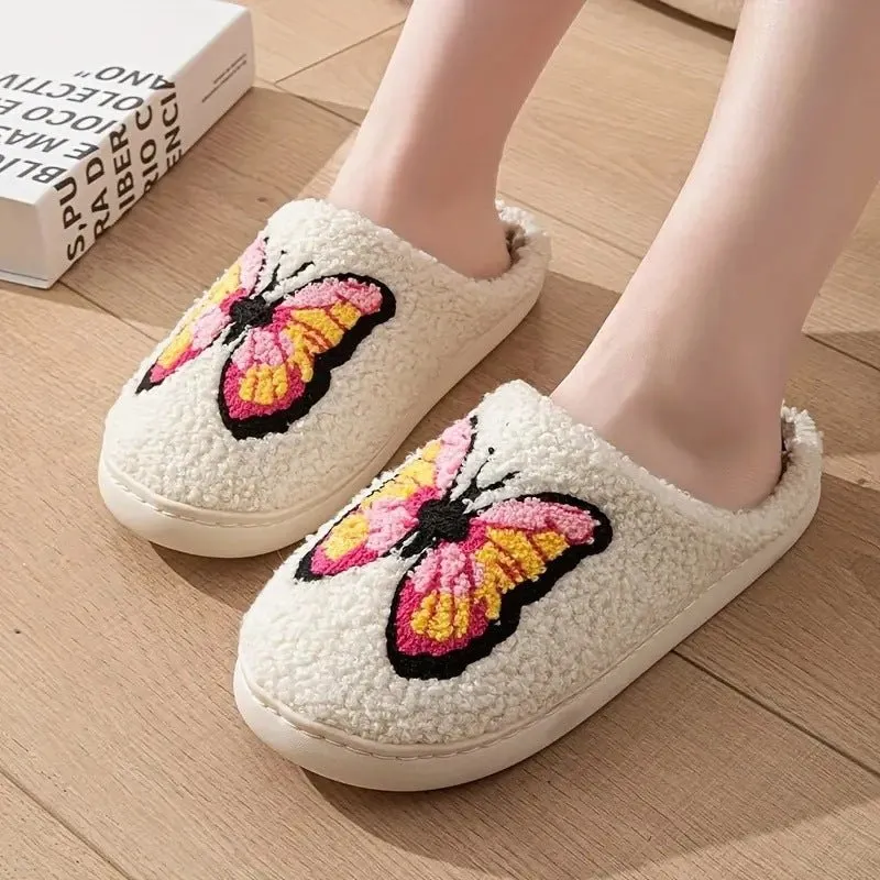 Women's Soft Warm Indoor Home Cotton Slippers Embroided Butterfly