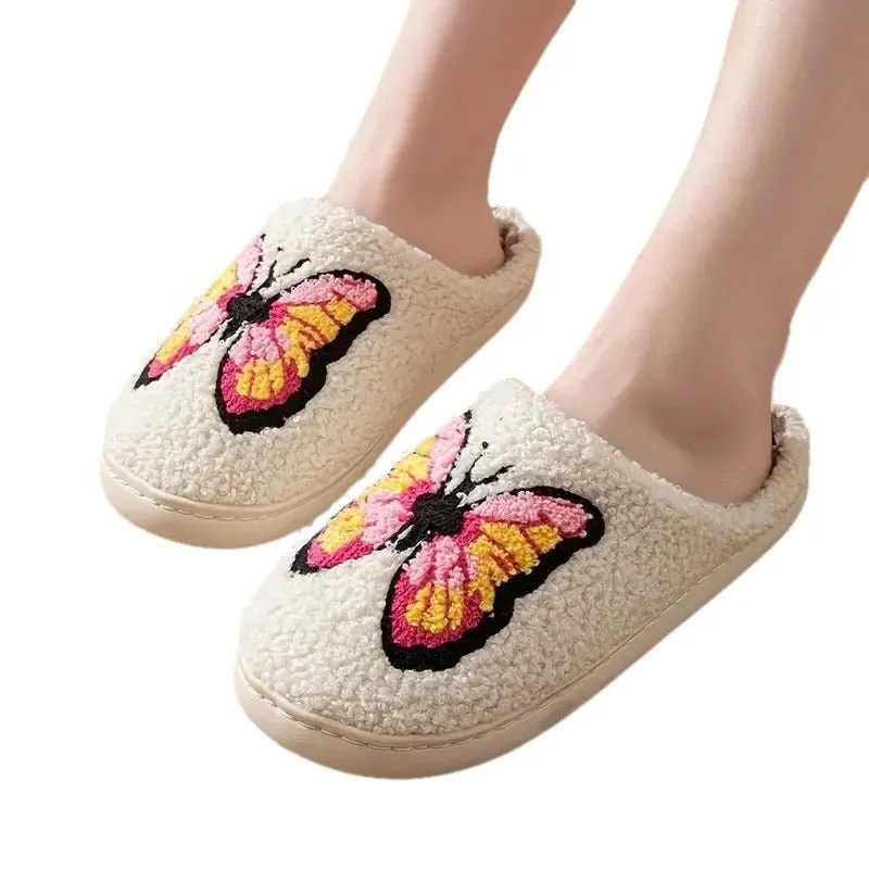 Women's Soft Warm Indoor Home Cotton Slippers Embroided Butterfly