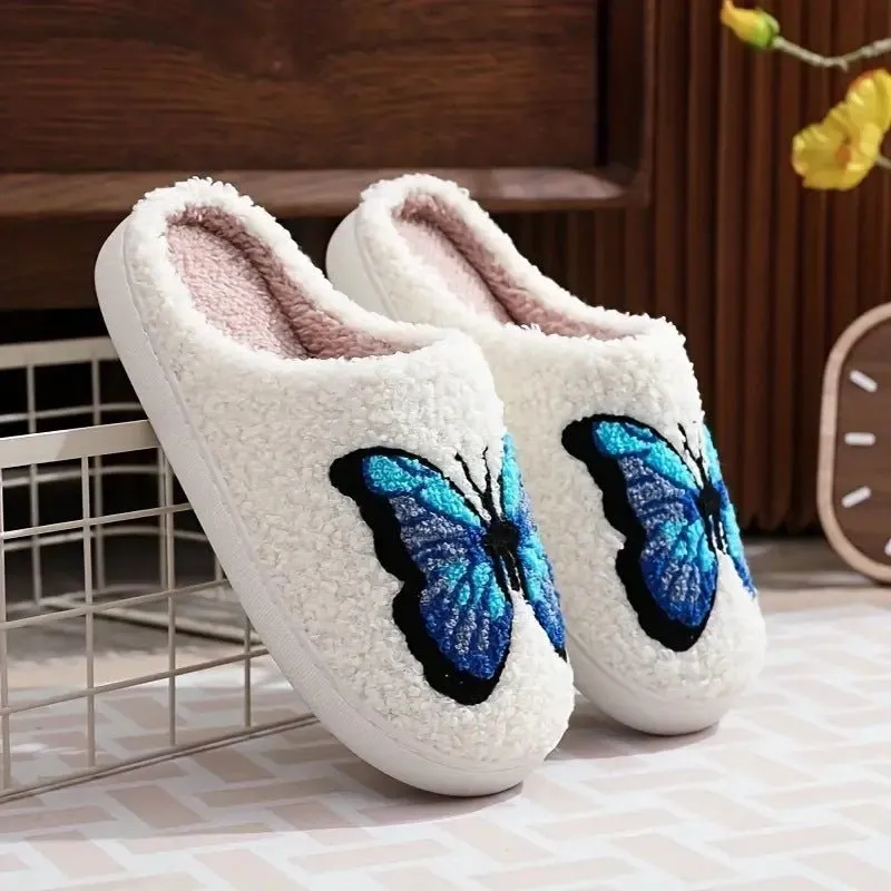 Women's Soft Warm Indoor Home Cotton Slippers Embroided Butterfly