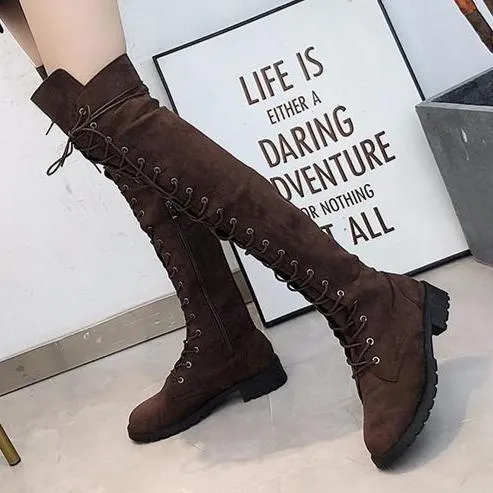 Women's thigh high combat boots low heel lace-up tall boots