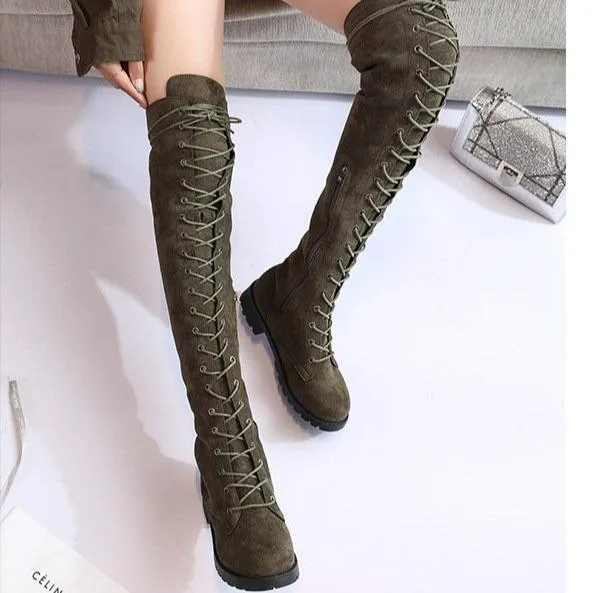 Women's thigh high combat boots low heel lace-up tall boots