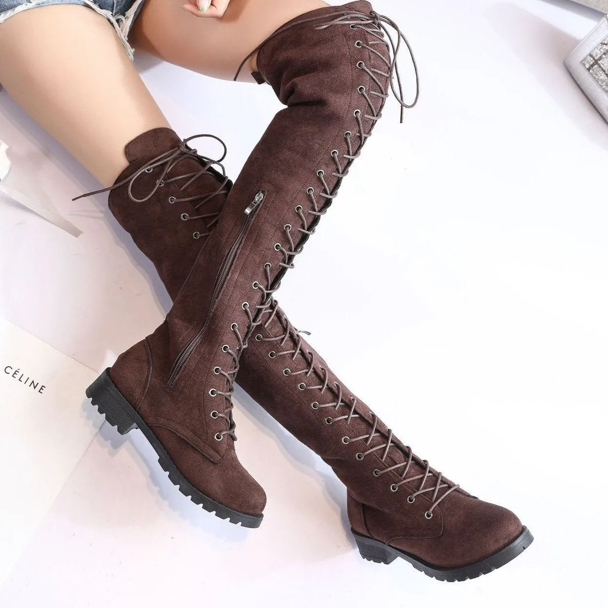 Women's thigh high combat boots low heel lace-up tall boots