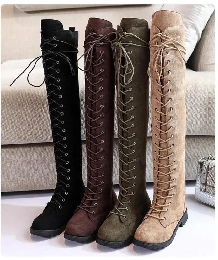 Women's thigh high combat boots low heel lace-up tall boots