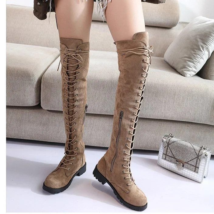 Women's thigh high combat boots low heel lace-up tall boots