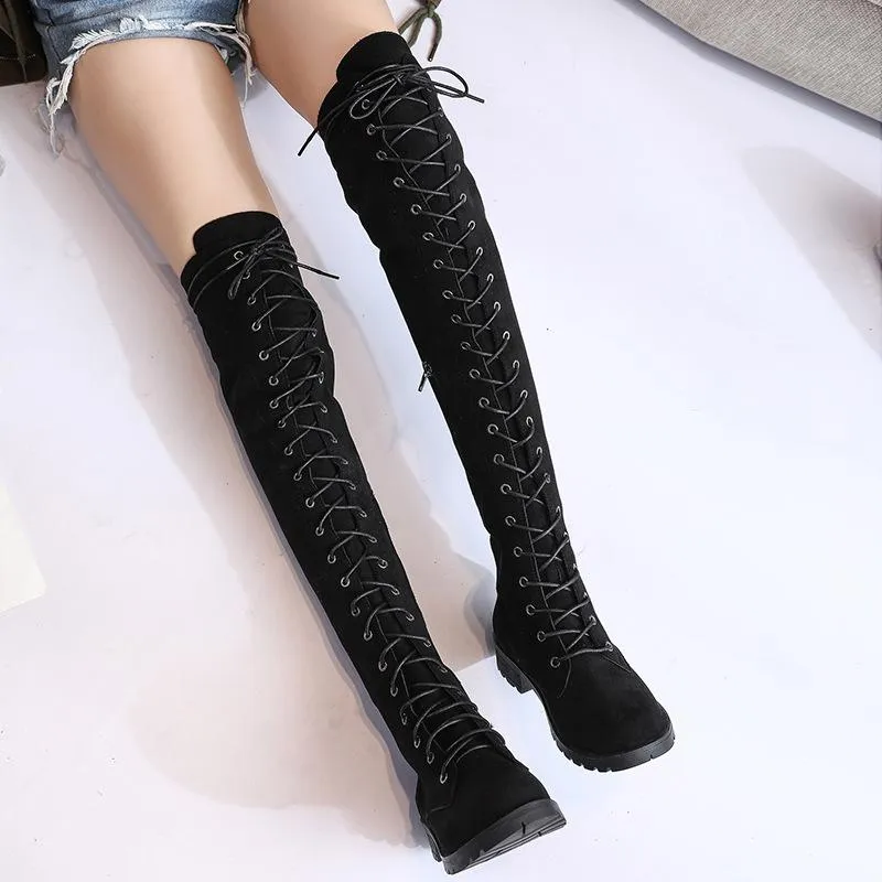 Women's thigh high combat boots low heel lace-up tall boots