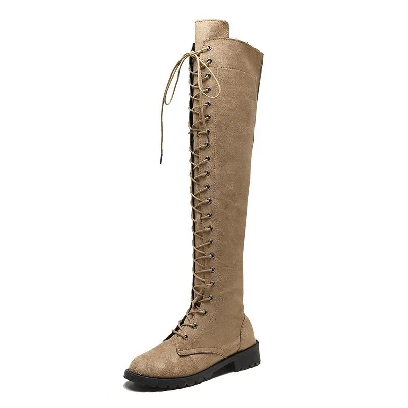 Women's thigh high combat boots low heel lace-up tall boots