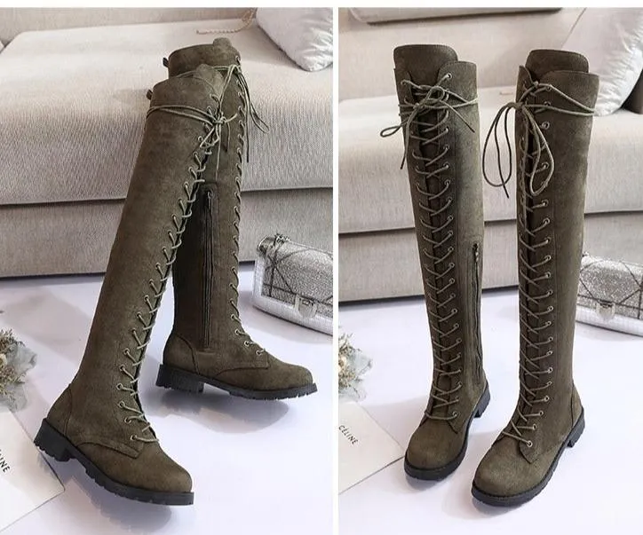 Women's thigh high combat boots low heel lace-up tall boots