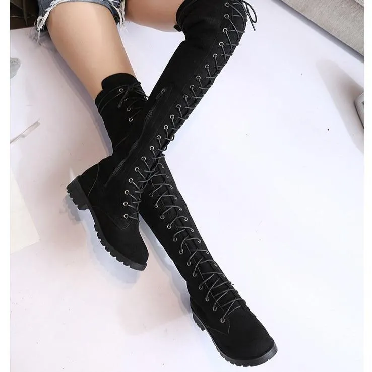 Women's thigh high combat boots low heel lace-up tall boots