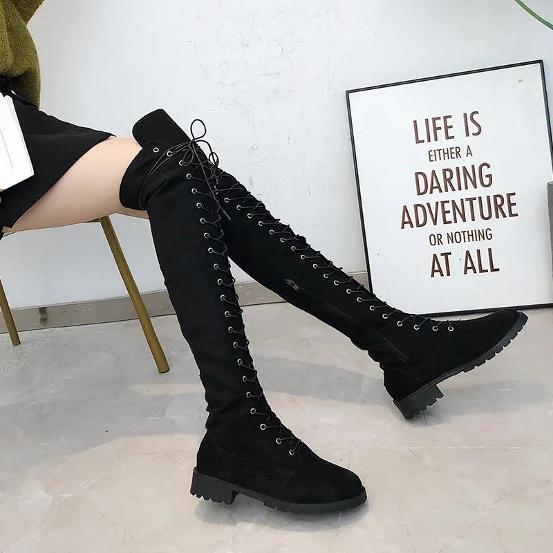 Women's thigh high combat boots low heel lace-up tall boots