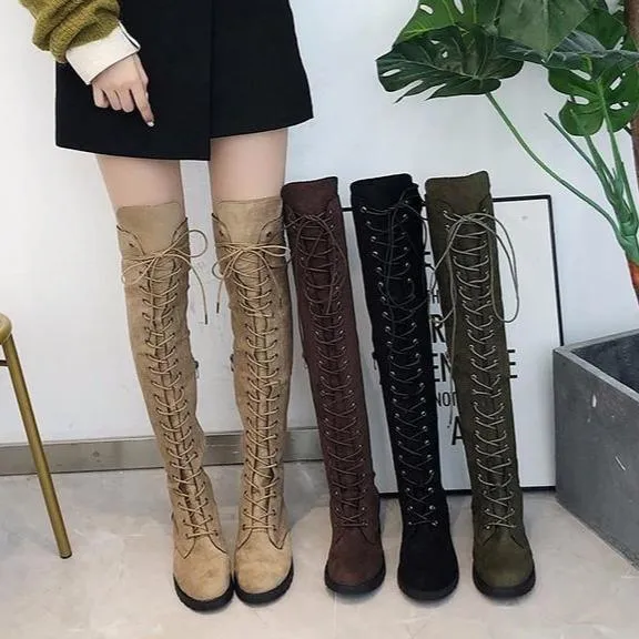 Women's thigh high combat boots low heel lace-up tall boots