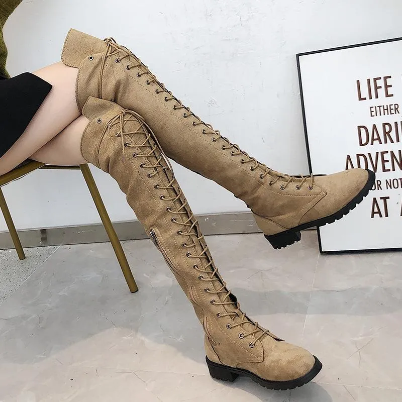 Women's thigh high combat boots low heel lace-up tall boots