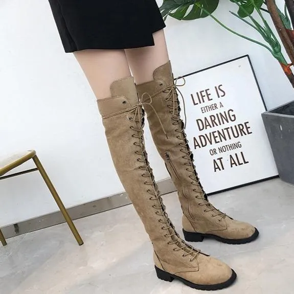 Women's thigh high combat boots low heel lace-up tall boots