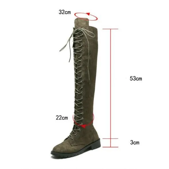 Women's thigh high combat boots low heel lace-up tall boots